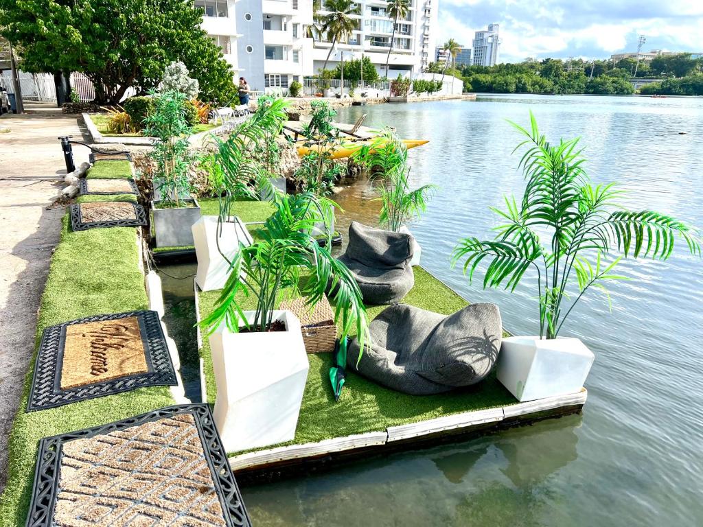 a garden with plants in pots on the water at Condado Paradise Tantra Apartment in San Juan