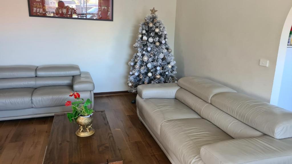 a living room with a couch and a christmas tree at Clayton Living Town House at Monash Doorstep in Clayton North