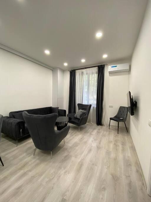 a living room with a black couch and chairs at Apartment in Yerevan in Yerevan