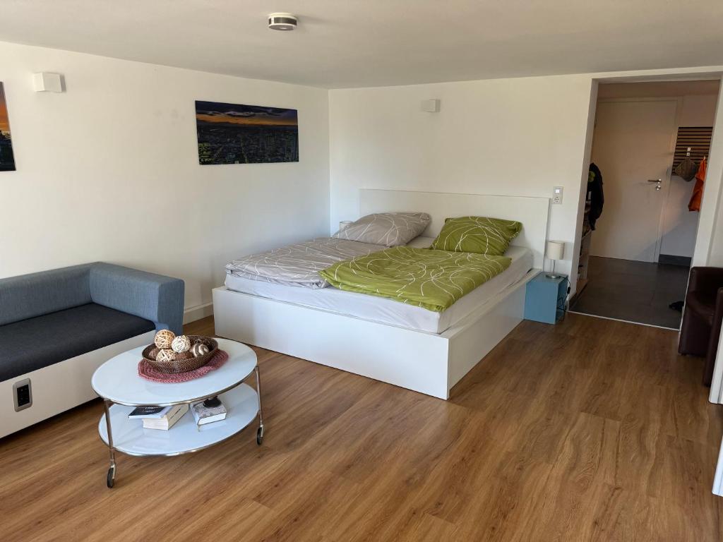 - une chambre avec un lit, un canapé et une table dans l'établissement Modernes Apartment, ruhige Lage, stadtnah, à Kelkheim