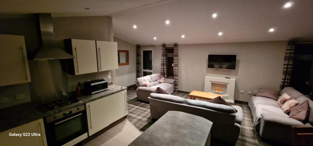 a kitchen and living room with couches and a fireplace at Castlewood lodge in Banchory