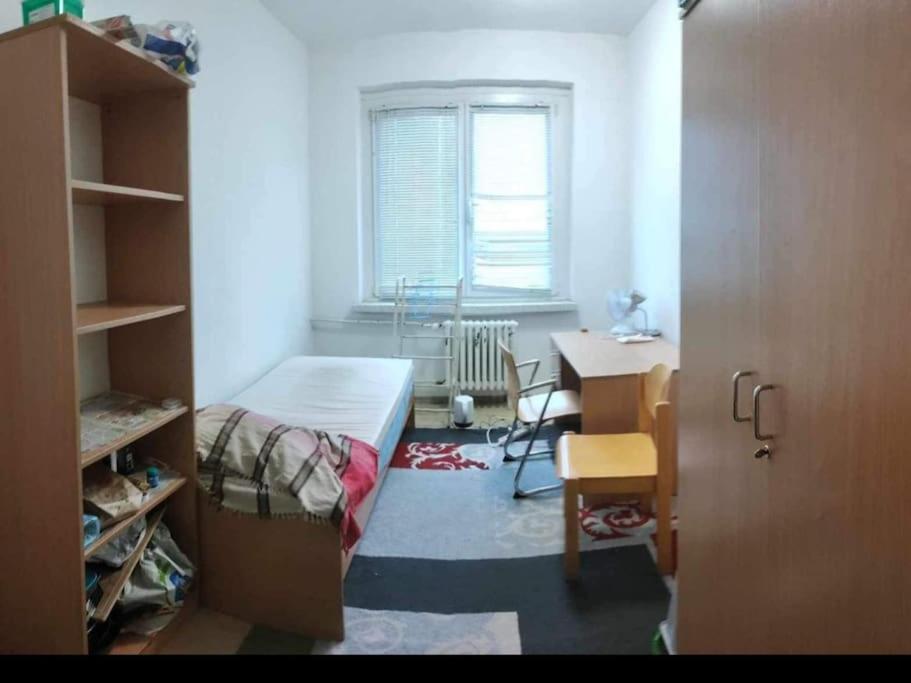 Schlafzimmer mit einem Bett, einem Schreibtisch und einem Fenster in der Unterkunft Ouabou in Greifswald