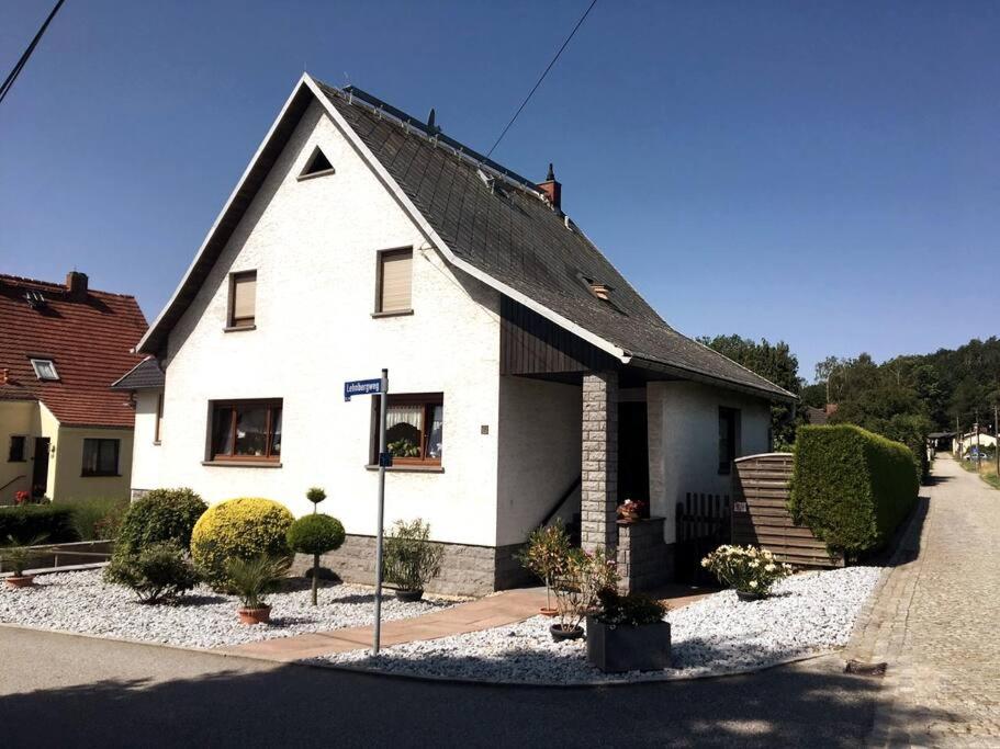 una casa blanca con techo negro y algunos arbustos en Ferienwohnung am Lehnberg, Familie Richter en Neue Häuser