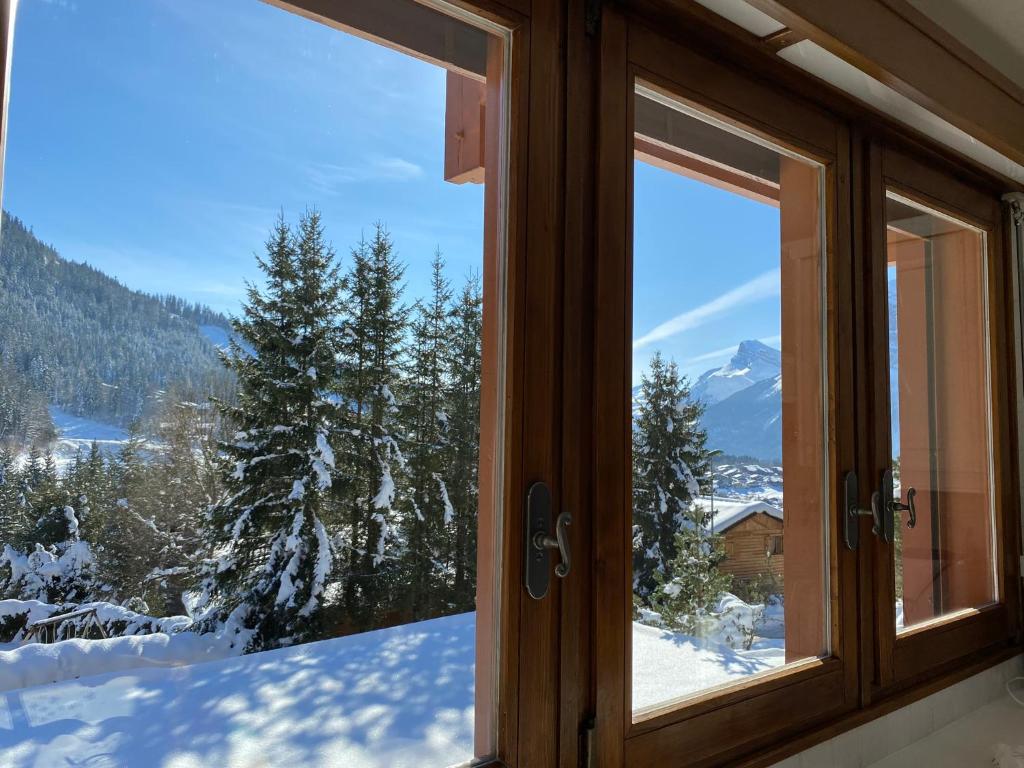 a window with a view of a snowy mountain at Les Grangettes 2 - DUPLEX - WIFI gratuite in Les Carroz d'Araches