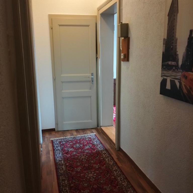 a hallway with a door and a rug on the floor at Appartement in Couvet