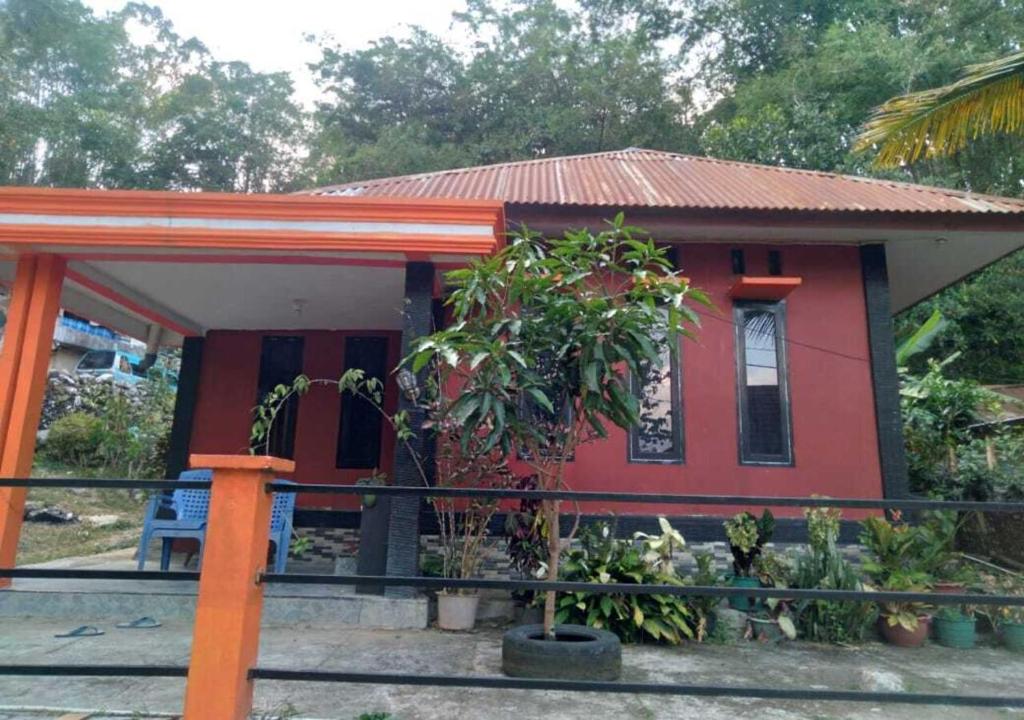 una casa roja con un árbol delante en Arrang Homestay, en Rantepao