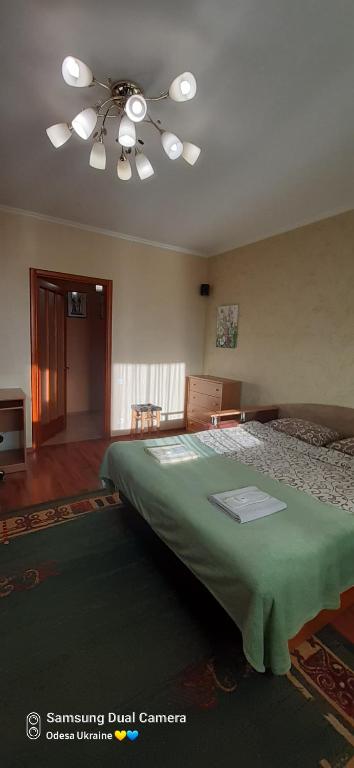 sypialnia z łóżkiem i wentylatorem sufitowym w obiekcie Apartment in historical centre w Odessie