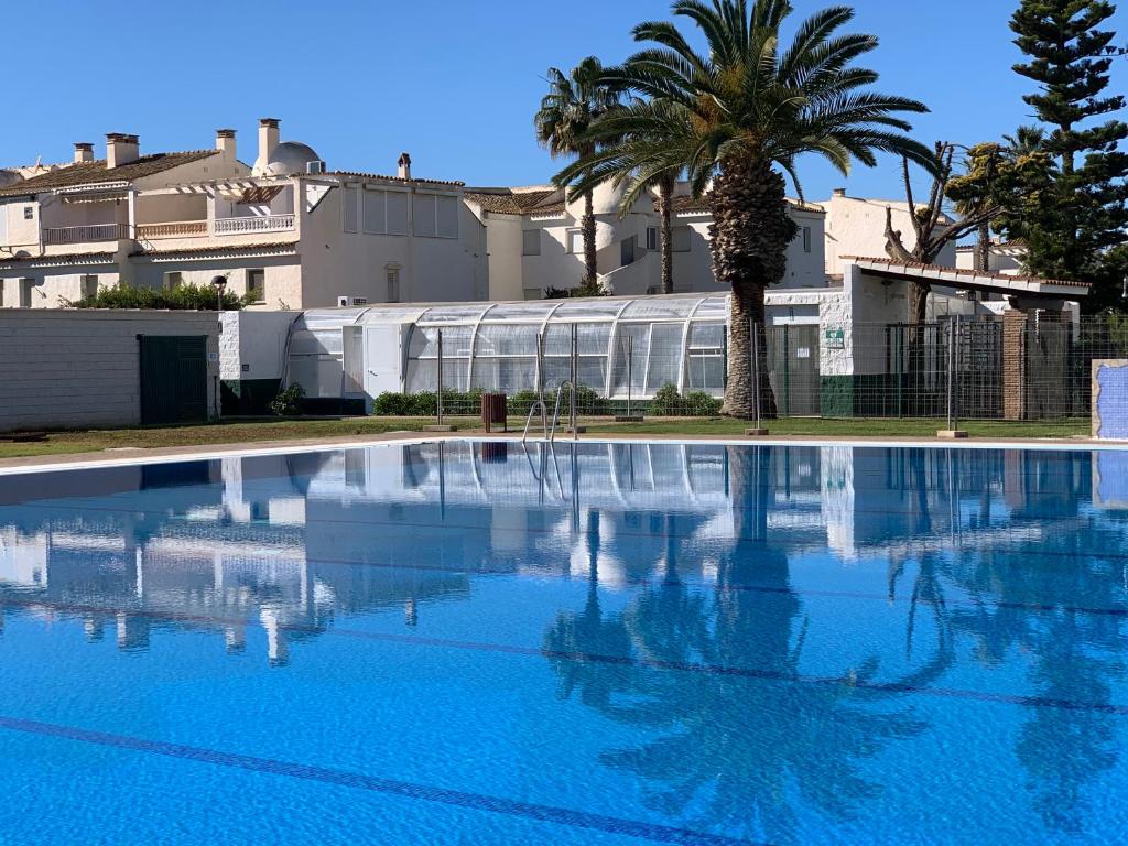 a swimming pool with a palm tree and a building at Laguna Beach, Todos los Santos in Torrox Costa