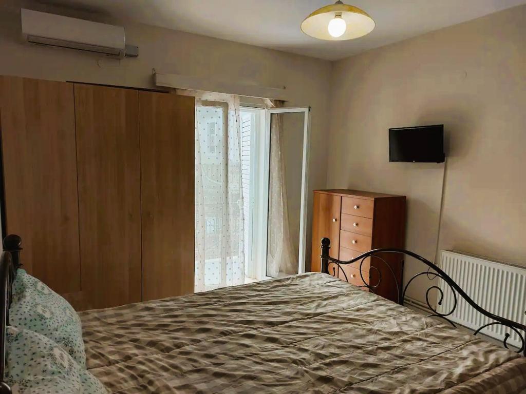 a bedroom with a bed and a television and a window at DESPINA SGPP in Argostoli
