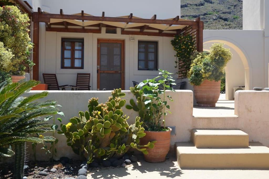 a patio with potted plants and a house at Absolute peace north villa by the volcanic slopes in Imerovigli