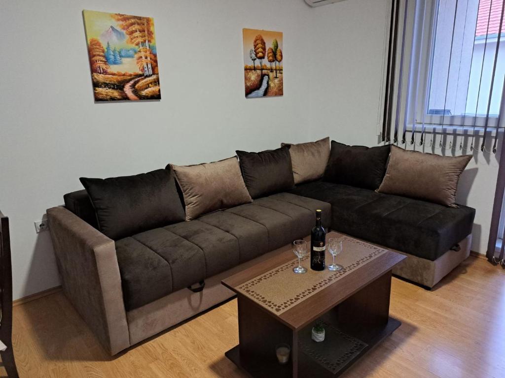 uma sala de estar com um sofá castanho e uma mesa em Apartman Andjela em Sokobanja