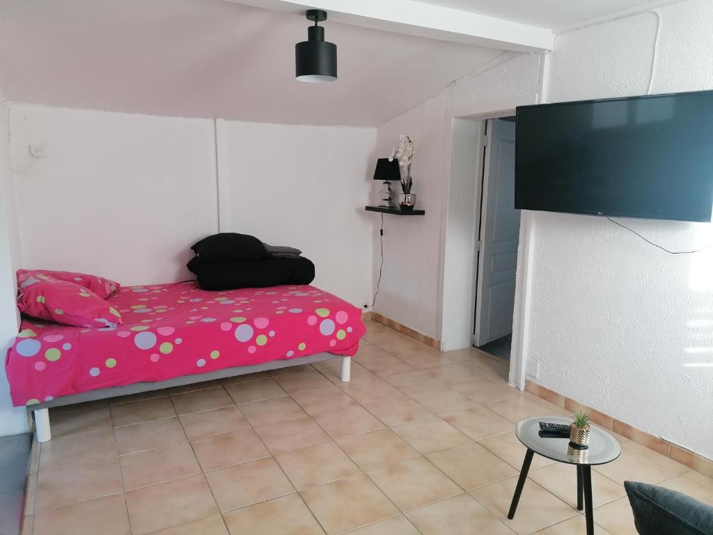 a bedroom with a pink bed and a flat screen tv at Maisonnette indépendante in Morangis