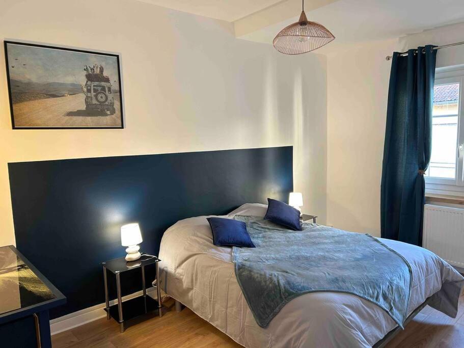 - une chambre avec un lit et 2 oreillers bleus dans l'établissement Confortable T3 juste rénové au cœur d’Aurillac, à Aurillac