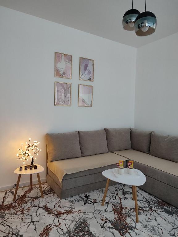 a living room with a couch and two tables at AS apartman Panonica in Tuzla