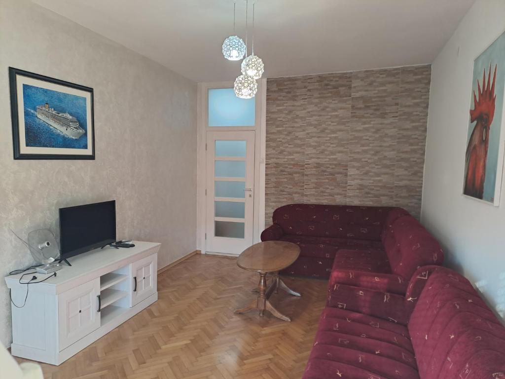 een woonkamer met een rode bank en een tv bij Apartman Ulcinj Boro in Ulcinj