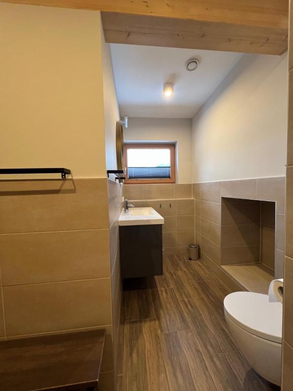 uma casa de banho com um lavatório e um WC em Chic lodge-apartments em Ehrwald