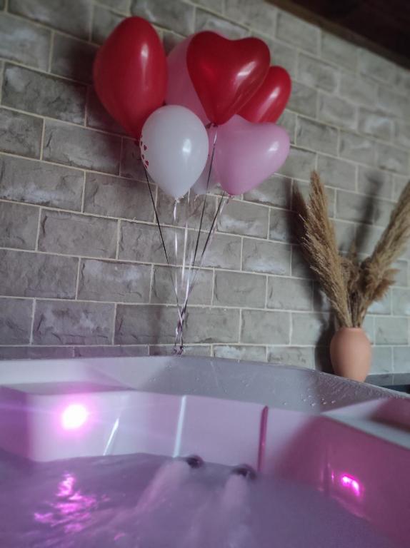 - un bouquet de ballons rouges et blancs dans une baignoire dans l'établissement Doce & Spa proche Colmar, à Urschenheim