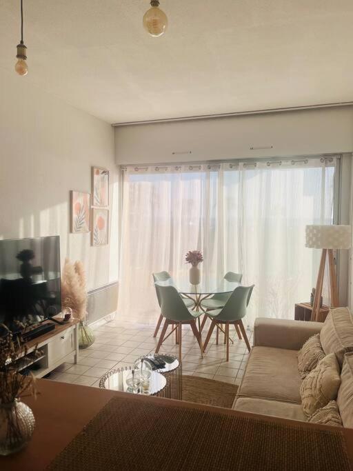 un salon avec un canapé et une table dans l'établissement T2 face à la mer en première ligne, à Canet