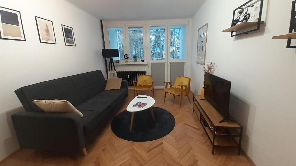 uma sala de estar com um sofá preto e uma televisão em Krzemieniecka Atlas Arena Zoo Orientarium em Lódź