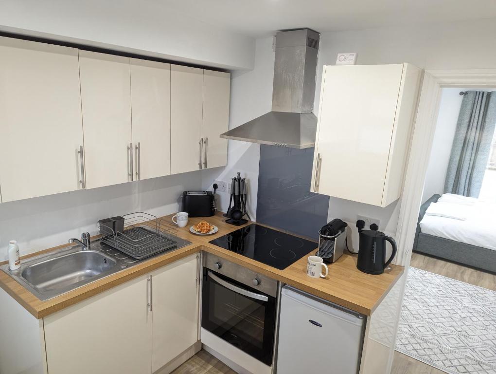 a small kitchen with a sink and a stove at Swan Lake Lodge & free parking in Cardiff