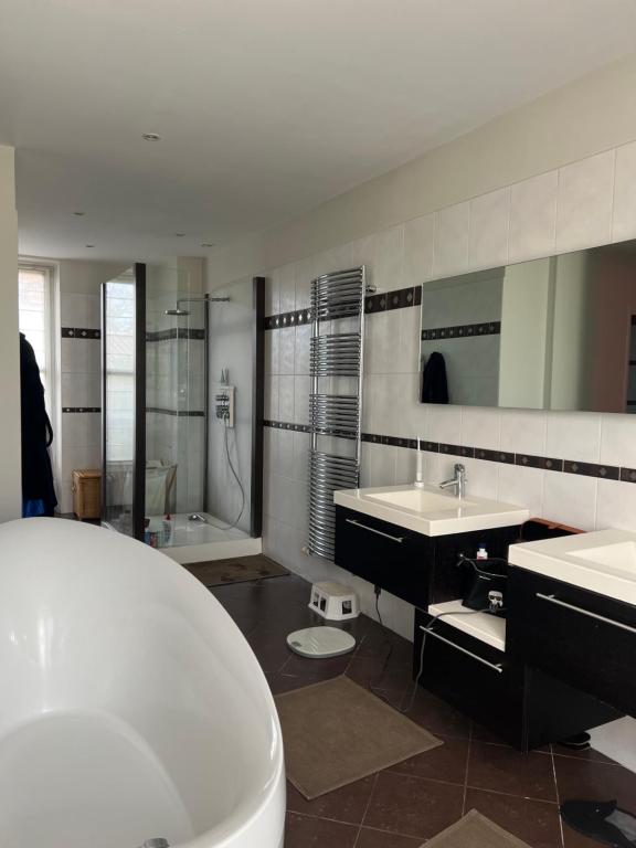 ein Bad mit einer Badewanne, 2 Waschbecken und einer Dusche in der Unterkunft MON DÉSIR in Saint-Maur-des-Fossés