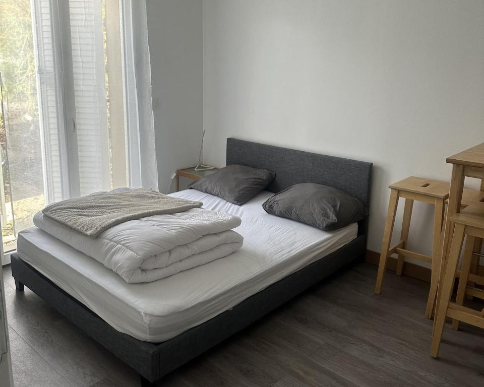 1 dormitorio con 2 almohadas en Room in Guest room - Home - Chambre independante a 10min Rer C et de Dourdan, en Sermaise