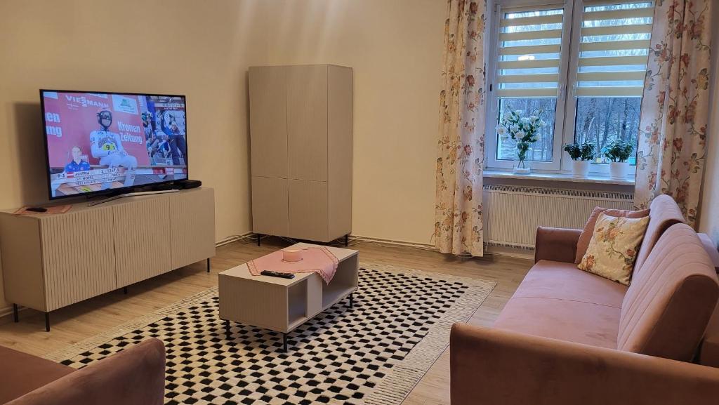 ein Wohnzimmer mit Couch und Flachbildfernseher in der Unterkunft Apartament Twoja Chwila II in Stronie Śląskie