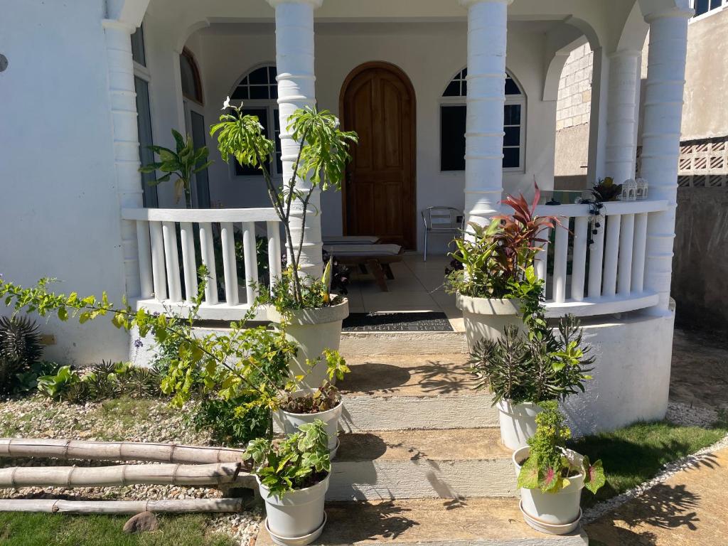 a house with potted plants on the front porch at VillaMobay in Montego Bay