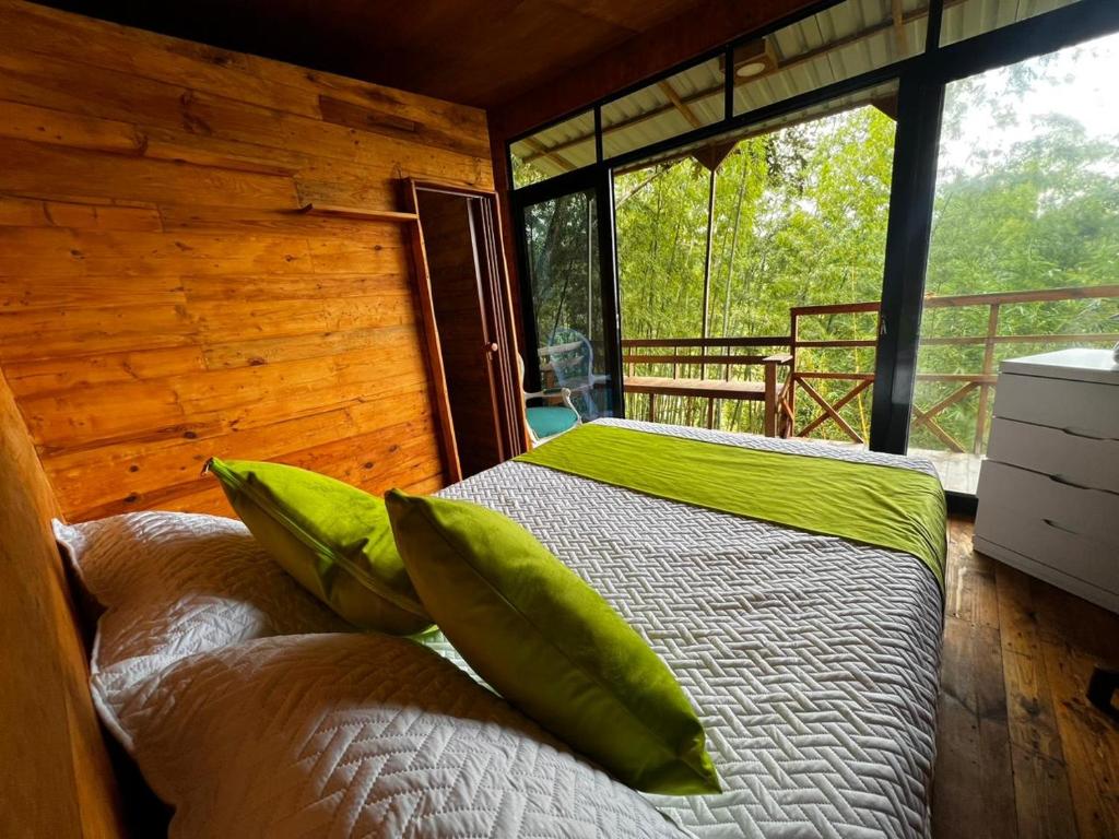 Un dormitorio con una cama con almohadas verdes. en finca hotel luzsagra, en La Vega