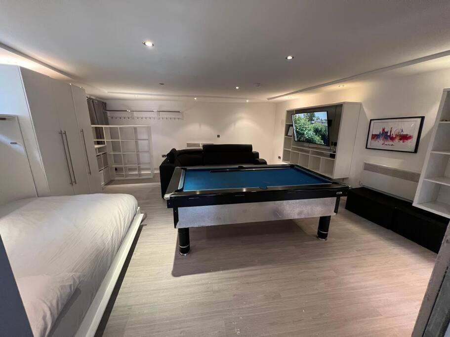 a room with a pool table and a bed at Entire Modern Studio Apartment with Pool Table in Denton