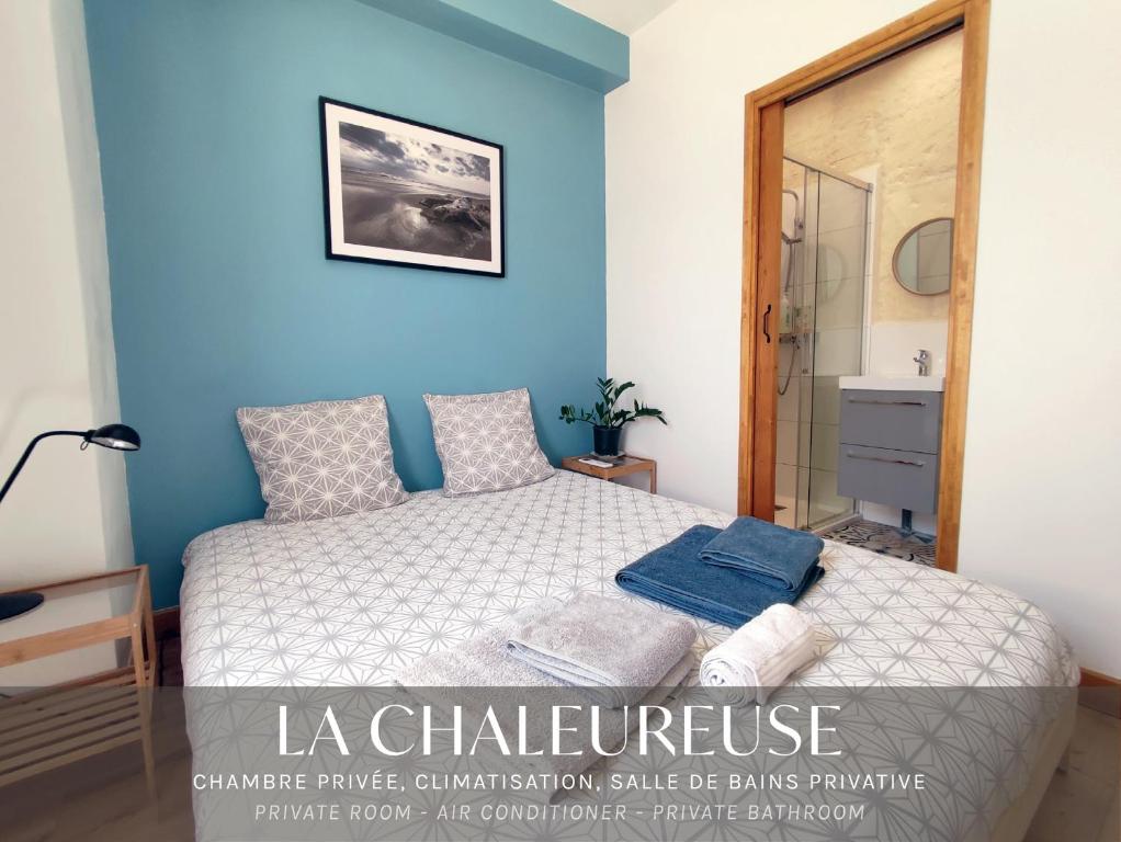 a bedroom with a bed and a blue wall at Chambres tranquilles proche centre ville in Arles