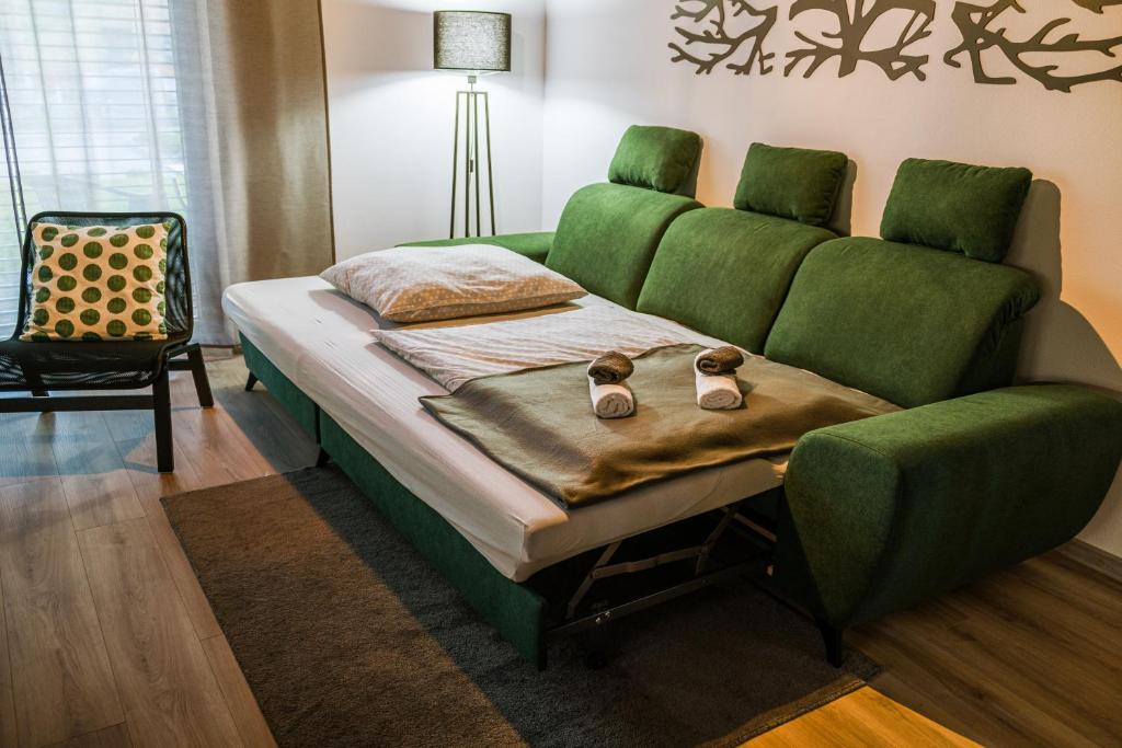 ein Bett mit grüner Couch und Schuhen drauf in der Unterkunft Apartmán C1 - Slovenský Raj in Hrabušice