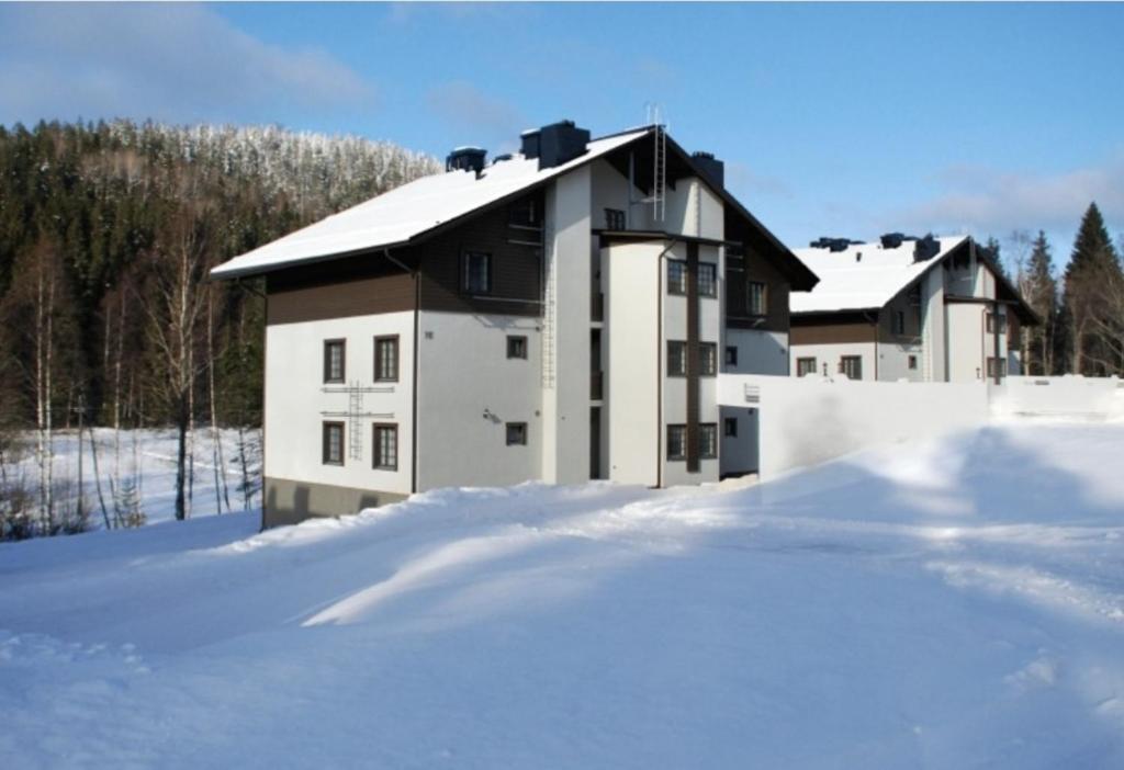 uma casa na neve com uma pilha de neve em Cozy apartment in Alp House em Kuopio