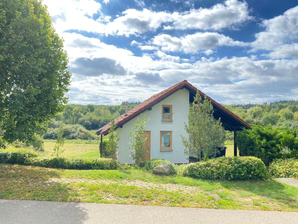 a small house in the middle of a field at Ferienhäuser am Vogelpark - Boddenhaus Tizi in Marlow