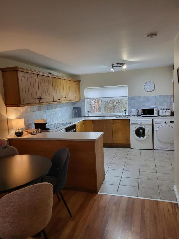 a kitchen with wooden cabinets and a washer and dryer at Greenview in Ballysheedy