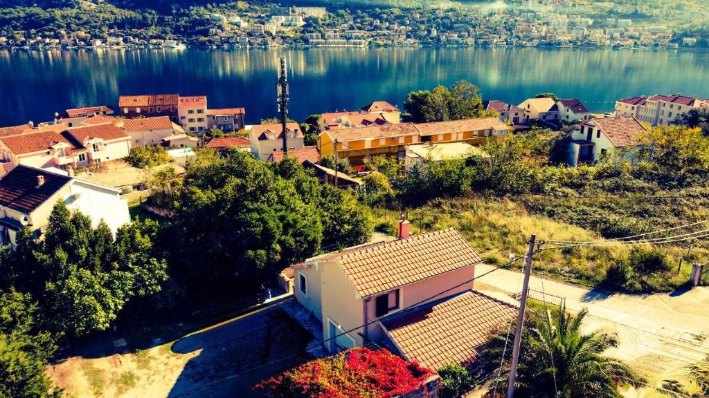 an aerial view of a town on the shore of a lake at Prima Casa in Kotor
