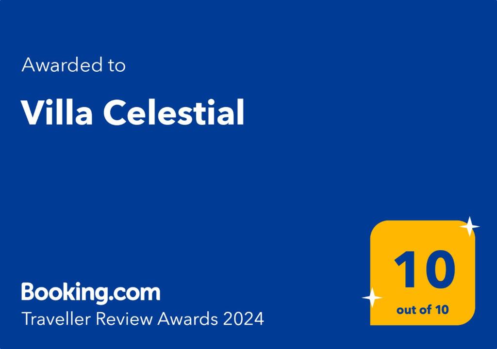 Un certificat, premiu, logo sau alt document afișat la Villa Celestial