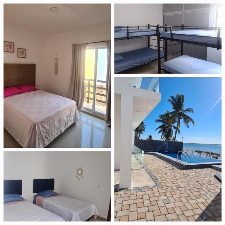 un collage de photos d'une chambre d'hôtel avec un lit et une plage dans l'établissement Privada del Mar Altata, à Altata
