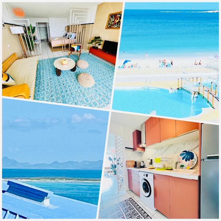 a collage of four pictures of a beach at Mont Vernon Top Secret Studio chic, plage et piscine Orient Bay in Cul de Sac