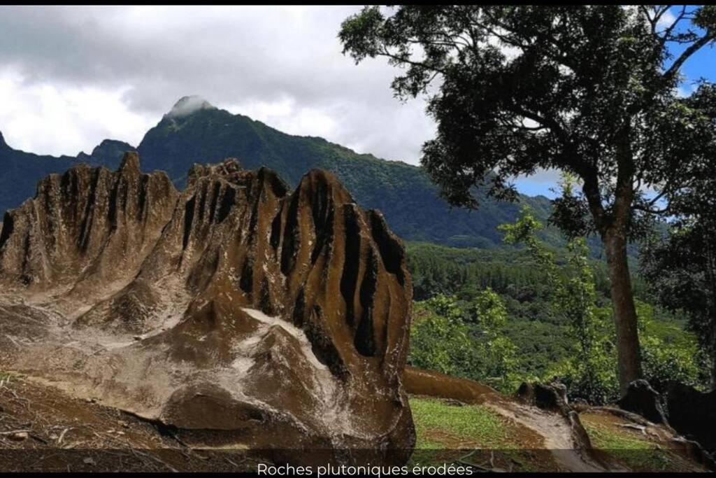 a large rock formation with a mountain in the background at Bungalow climatisé chez Kim in Taputapuapea