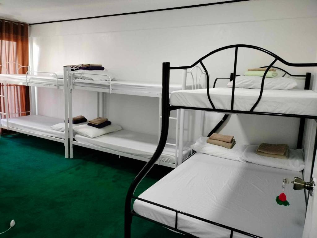 two bunk beds in a room with green carpet at Sassy's Place in Baguio