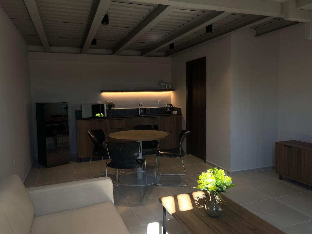 Homa Lofts في كوليما: غرفة معيشة مع أريكة وطاولة