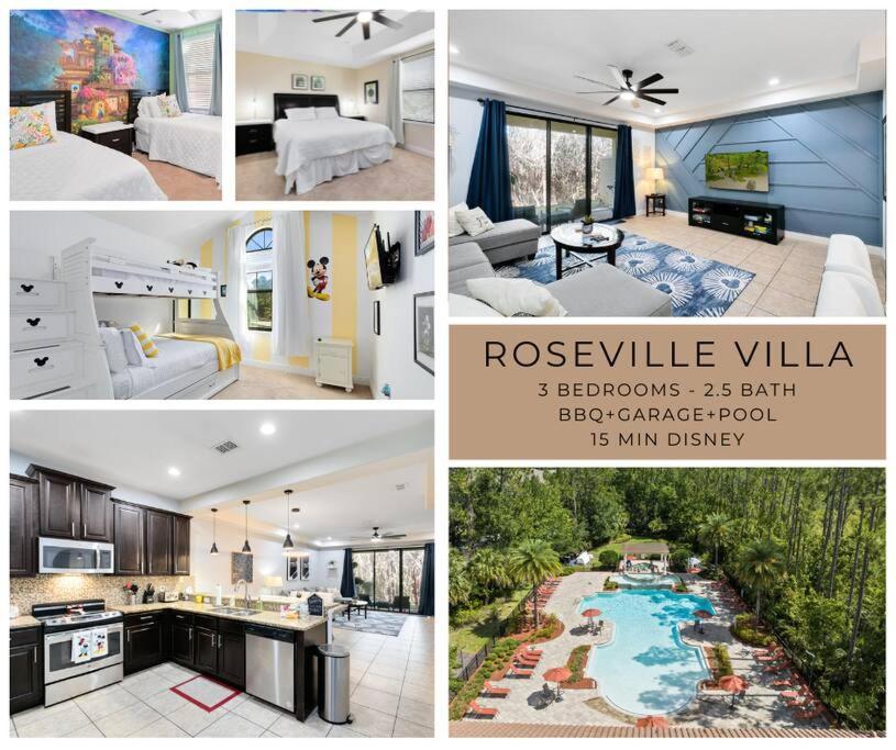 un collage de cuatro fotos de una casa en *Roseville Disney Villa Pool+BBQ+King Bed+Parks*, en Kissimmee