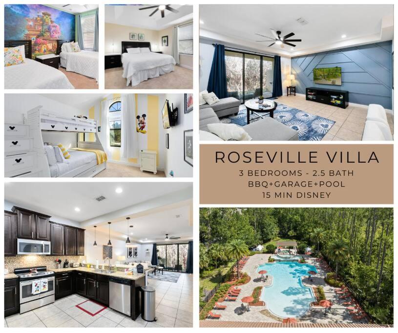 a collage of four pictures of a house at *Roseville Disney Villa Pool+BBQ+King Bed+Parks* in Kissimmee