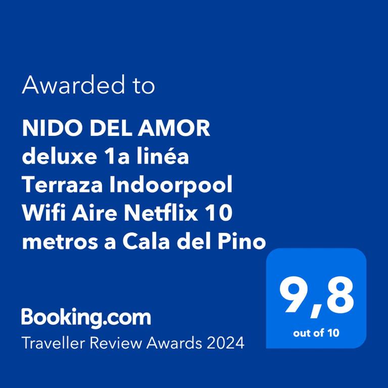 Certifikát, hodnocení, plakát nebo jiný dokument vystavený v ubytování NIDO DEL AMOR deluxe 1a linéa Terraza Indoorpool Wifi Aire Netflix 10 metros a Cala del Pino