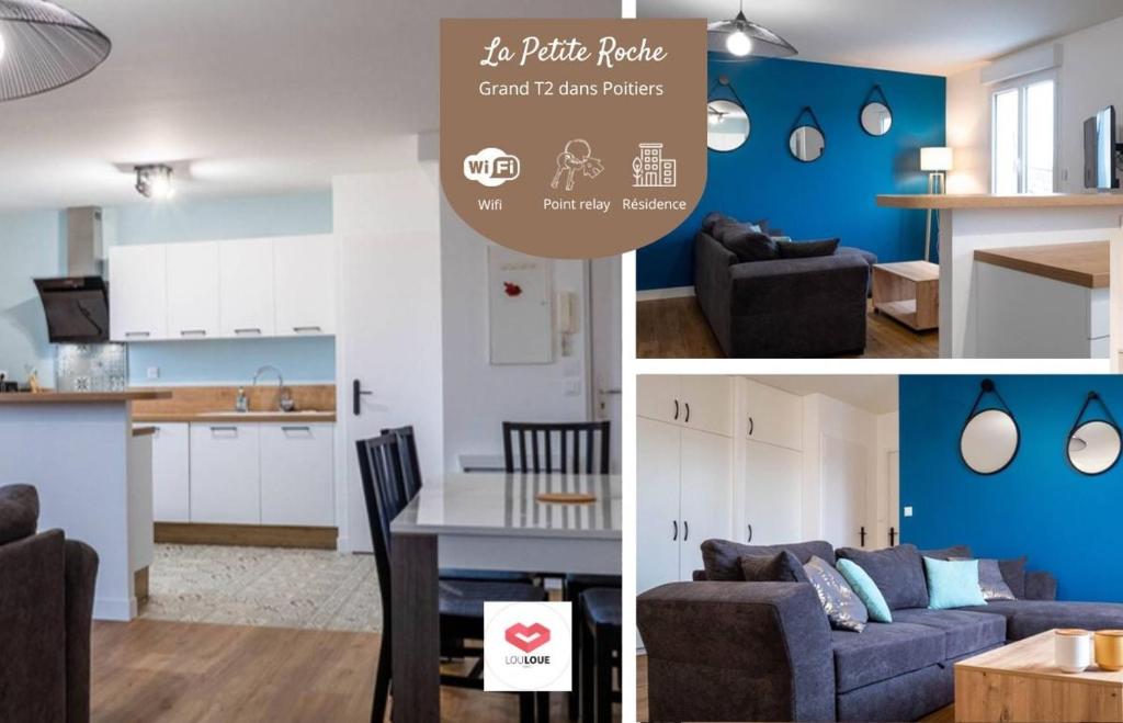un collage de photos d'une cuisine et d'un salon dans l'établissement La petite Roche - Spacieux T2 à Poitiers, à Poitiers
