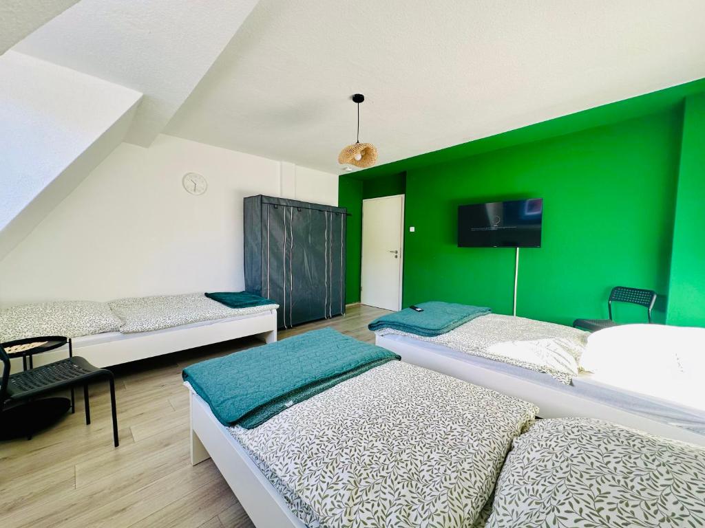 twee bedden in een kamer met een groene muur bij Urban Green Appartement Hagen in Hagen
