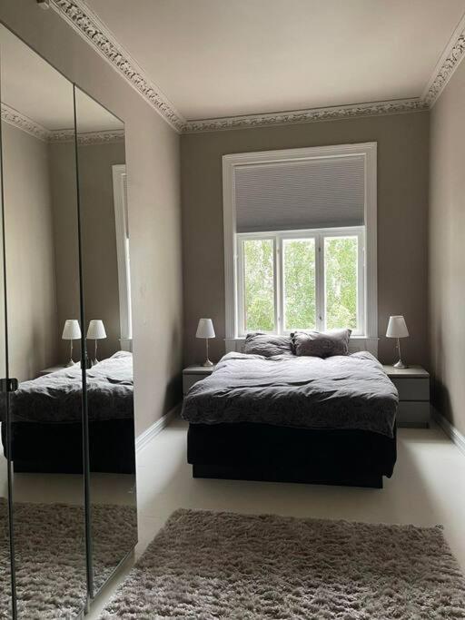 a bedroom with a bed and a large mirror at Cozy room by Royal Palace in Oslo