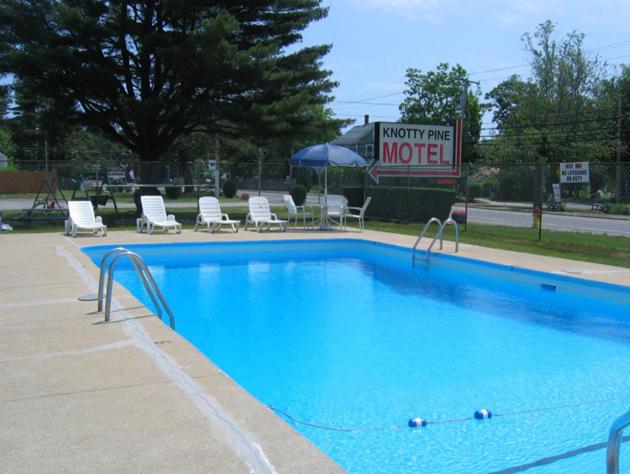 a large blue swimming pool with chairs and a motel sign at Knotty Pine Motel in Salisbury