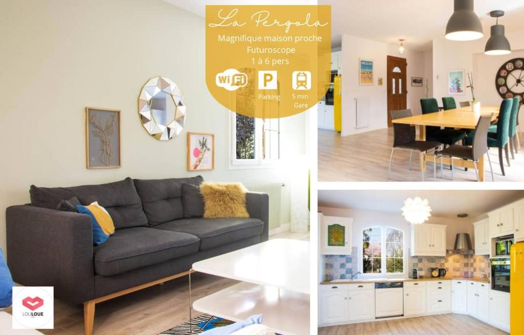 un collage de fotos de una sala de estar y un comedor en La Pergola - Superbe maison au Futuroscope !, en Jaunay-Clan